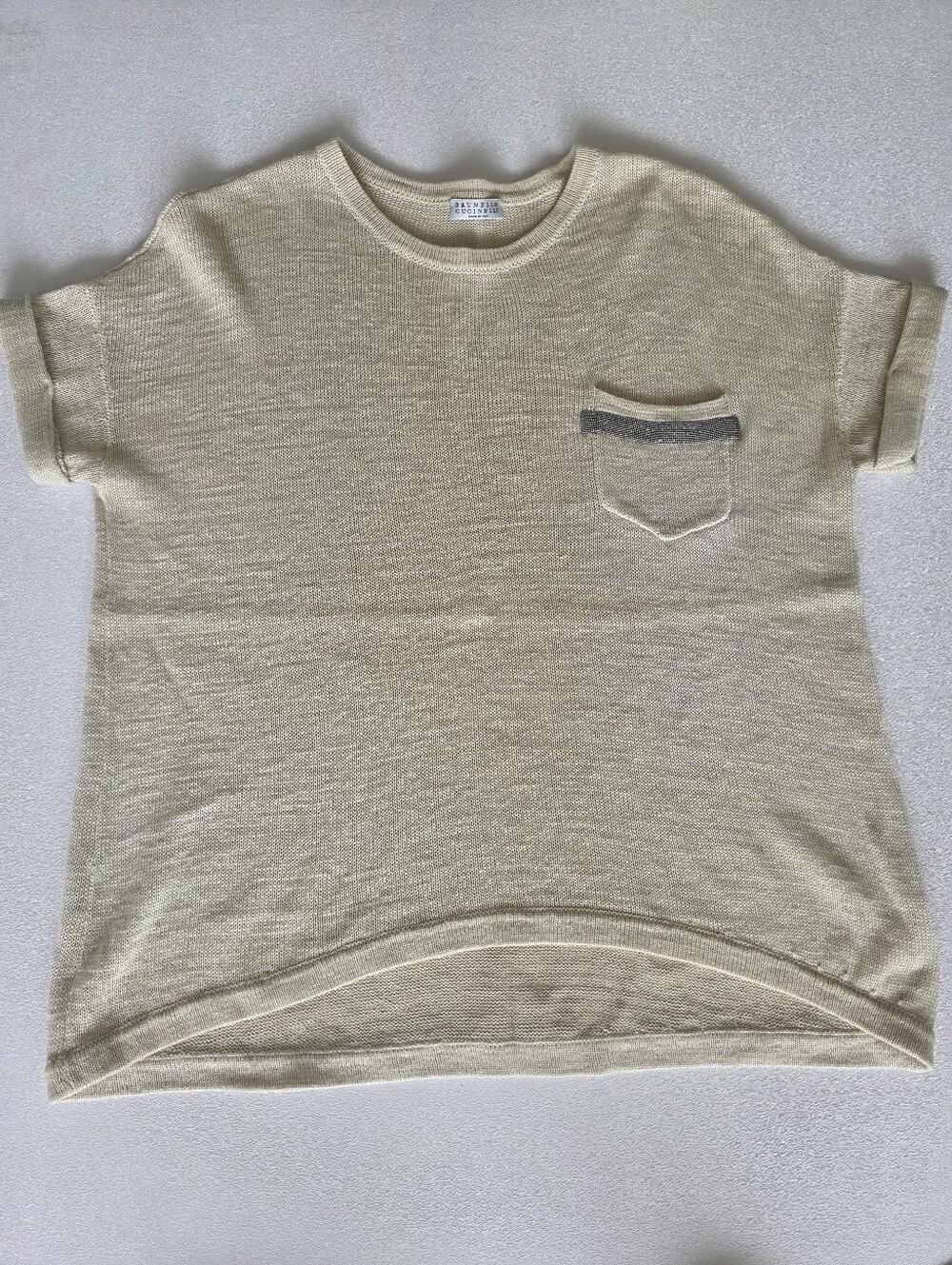 Brunello Cucinelli Beige Knit Top Monili Beaded Pocket Made in Italy M - Picture 11 of 12